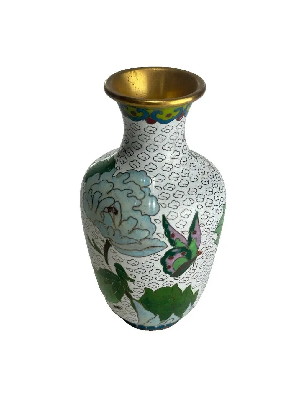 vintage chinese cloisonne vase brass white enamel peony bird butterfly decor